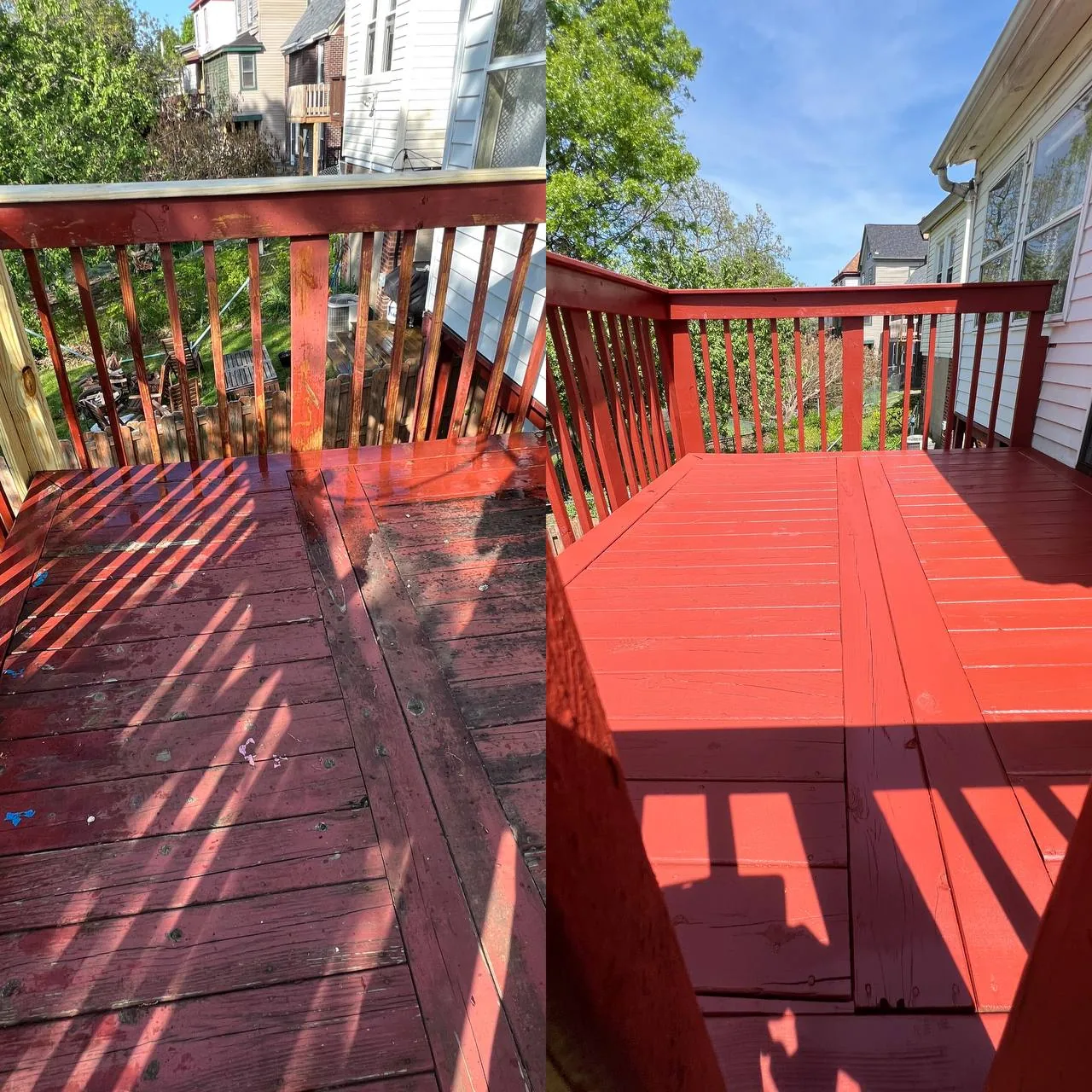 Wood deck shown before and after cleaning, sanding, and painting in a red finish.